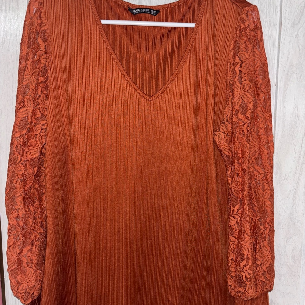 BloomChic Rust Lace Textured Long Sleeve Shirt